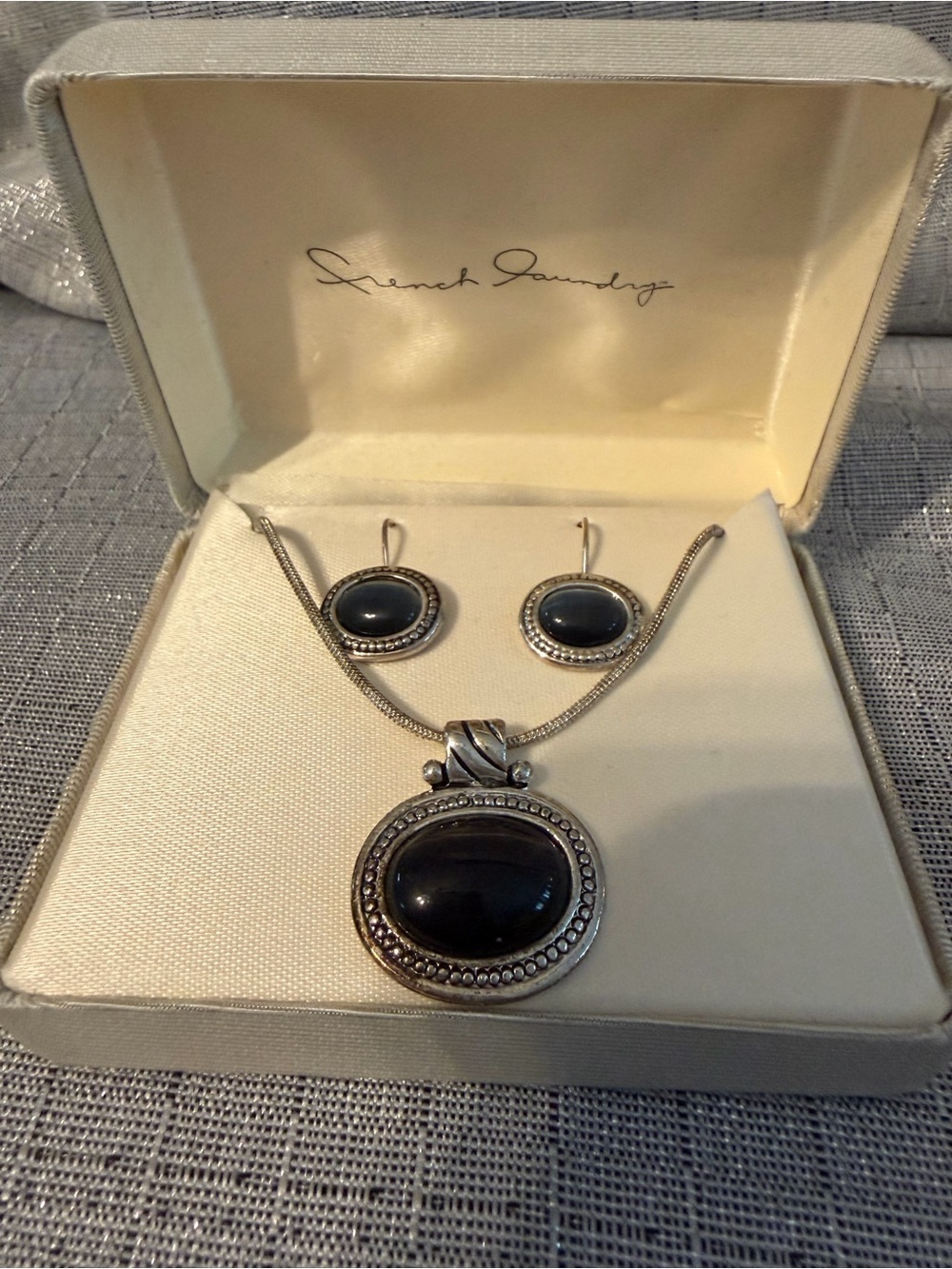 French Laundry Silver-Tone Black Cabochon Necklace and Earring Set